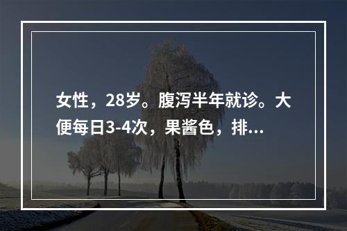 女性，28岁。腹泻半年就诊。大便每日3-4次，果酱色，排便前