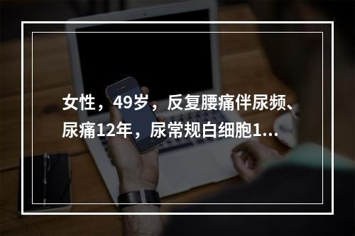 女性，49岁，反复腰痛伴尿频、尿痛12年，尿常规白细胞10～