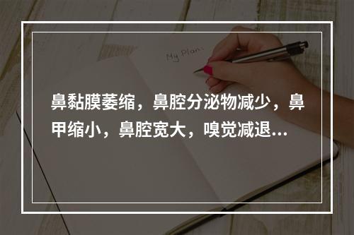 鼻黏膜萎缩，鼻腔分泌物减少，鼻甲缩小，鼻腔宽大，嗅觉减退或丧