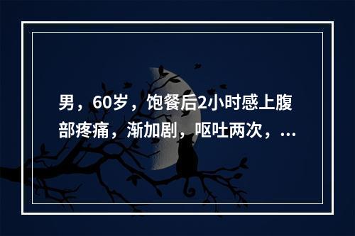 男，60岁，饱餐后2小时感上腹部疼痛，渐加剧，呕吐两次，2小