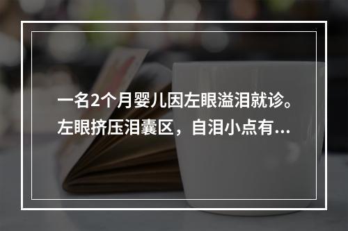 一名2个月婴儿因左眼溢泪就诊。左眼挤压泪囊区，自泪小点有黏液