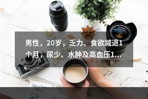 男性，20岁，乏力、食欲减退1个月，尿少、水肿及高血压1周，