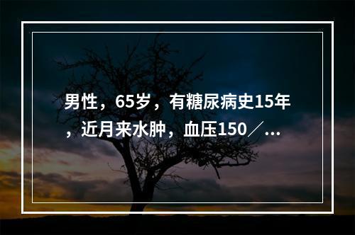 男性，65岁，有糖尿病史15年，近月来水肿，血压150／90