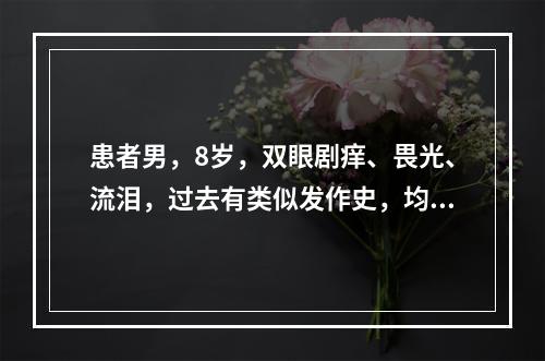 患者男，8岁，双眼剧痒、畏光、流泪，过去有类似发作史，均在每