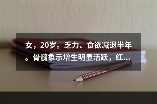 女，20岁。乏力、食欲减退半年。骨髓象示增生明显活跃，红细胞