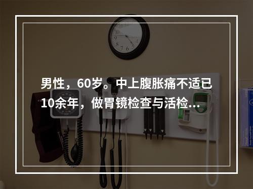 男性，60岁。中上腹胀痛不适已10余年，做胃镜检查与活检，下