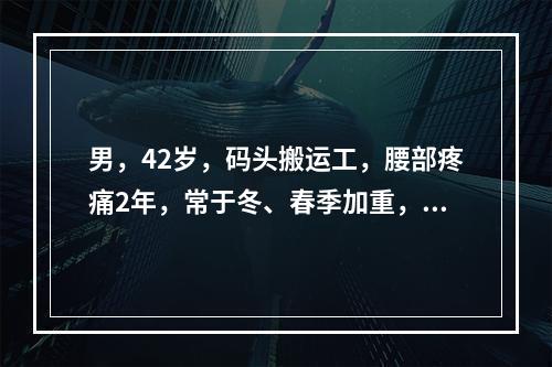 男，42岁，码头搬运工，腰部疼痛2年，常于冬、春季加重，休息