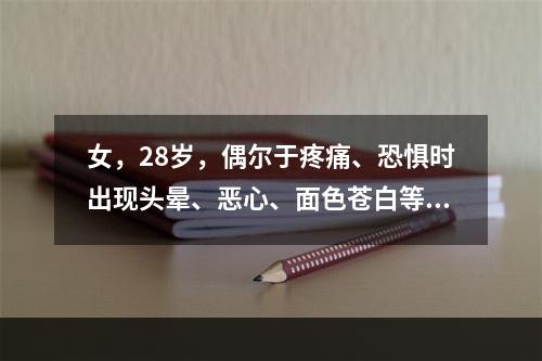 女，28岁，偶尔于疼痛、恐惧时出现头晕、恶心、面色苍白等，几