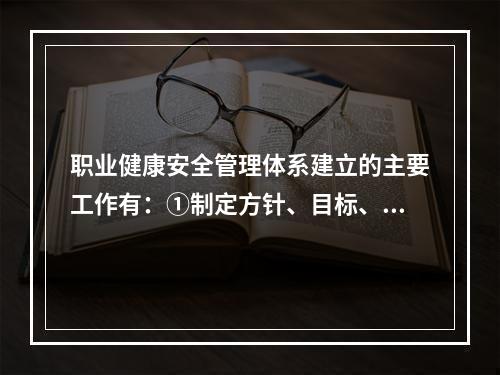 职业健康安全管理体系建立的主要工作有：①制定方针、目标、指标