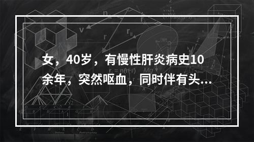 女，40岁，有慢性肝炎病史10余年，突然呕血，同时伴有头晕、