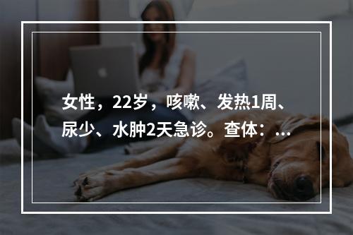 女性，22岁，咳嗽、发热1周、尿少、水肿2天急诊。查体：BP