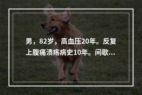 男，82岁，高血压20年。反复上腹痛溃疡病史10年。间歇性发