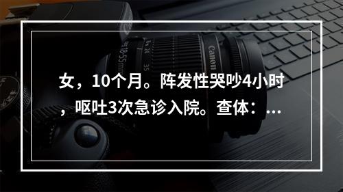 女，10个月。阵发性哭吵4小时，呕吐3次急诊入院。查体：安静