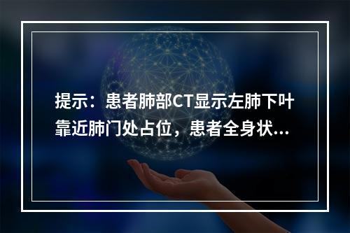 提示：患者肺部CT显示左肺下叶靠近肺门处占位，患者全身状态良