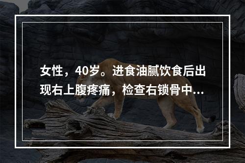 女性，40岁。进食油腻饮食后出现右上腹疼痛，检查右锁骨中线肋