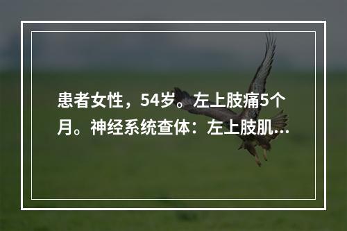 患者女性，54岁。左上肢痛5个月。神经系统查体：左上肢肌力4