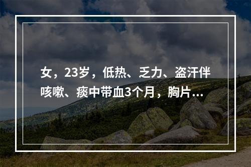 女，23岁，低热、乏力、盗汗伴咳嗽、痰中带血3个月，胸片示右