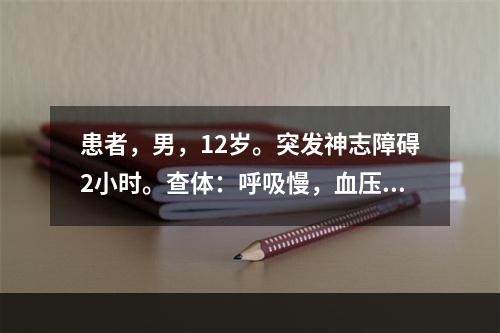 患者，男，12岁。突发神志障碍2小时。查体：呼吸慢，血压增高