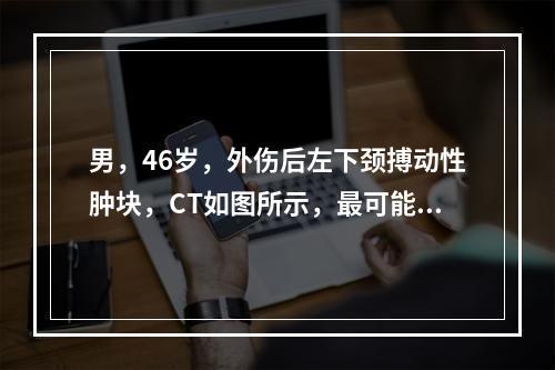 男，46岁，外伤后左下颈搏动性肿块，CT如图所示，最可能的诊