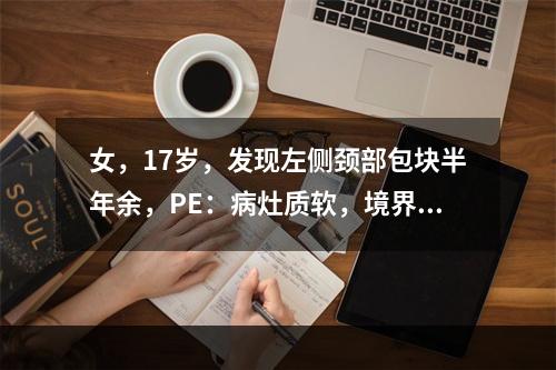 女，17岁，发现左侧颈部包块半年余，PE：病灶质软，境界不清