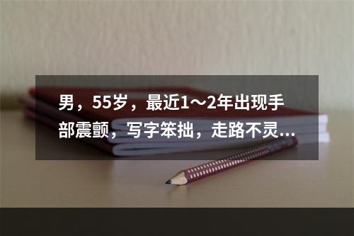 男，55岁，最近1～2年出现手部震颤，写字笨拙，走路不灵便，