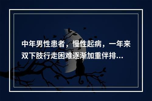 中年男性患者，慢性起病，一年来双下肢行走困难逐渐加重伴排尿费