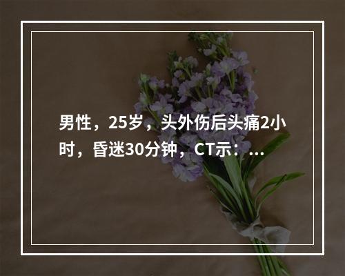 男性，25岁，头外伤后头痛2小时，昏迷30分钟，CT示：右额