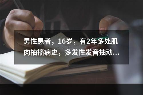 男性患者，16岁，有2年多处肌肉抽搐病史，多发性发音抽动，强