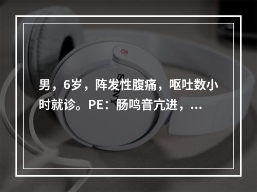 男，6岁，阵发性腹痛，呕吐数小时就诊。PE：肠鸣音亢进，呈气