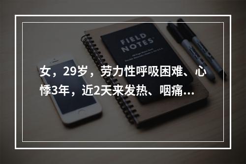 女，29岁，劳力性呼吸困难、心悸3年，近2天来发热、咽痛、咳