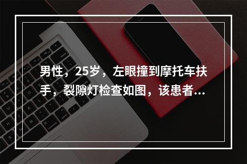 男性，25岁，左眼撞到摩托车扶手，裂隙灯检查如图，该患者的手