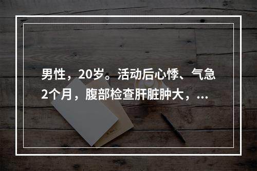 男性，20岁。活动后心悸、气急2个月，腹部检查肝脏肿大，质地