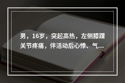 男，16岁，突起高热，左侧膝踝关节疼痛，伴活动后心悸、气促，