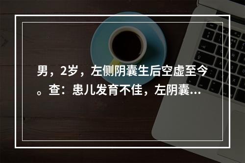 男，2岁，左侧阴囊生后空虚至今。查：患儿发育不佳，左阴囊内未