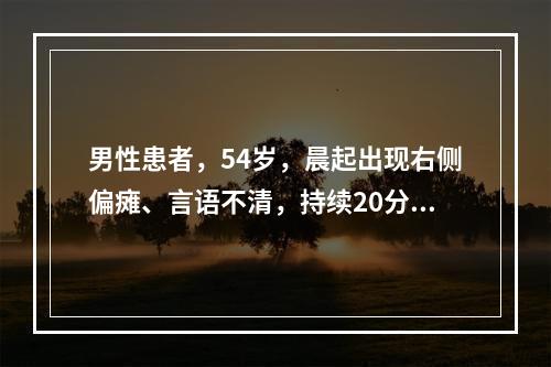 男性患者，54岁，晨起出现右侧偏瘫、言语不清，持续20分钟。