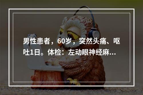 男性患者，60岁，突然头痛、呕吐1日。体检：左动眼神经麻痹、