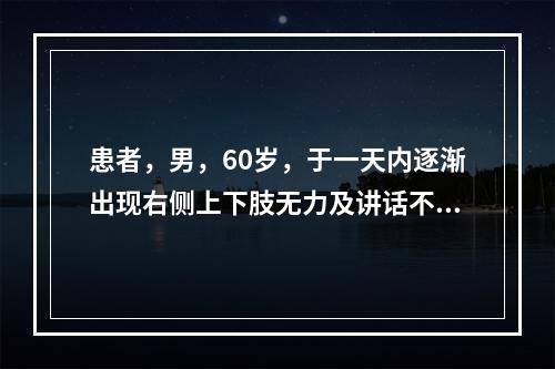 患者，男，60岁，于一天内逐渐出现右侧上下肢无力及讲话不能。