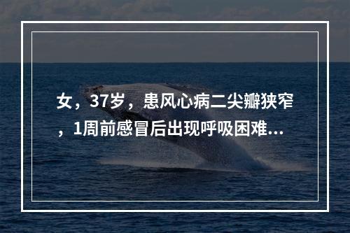 女，37岁，患风心病二尖瓣狭窄，1周前感冒后出现呼吸困难、咳