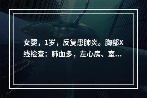 女婴，1岁，反复患肺炎。胸部X线检查：肺血多，左心房、室增大