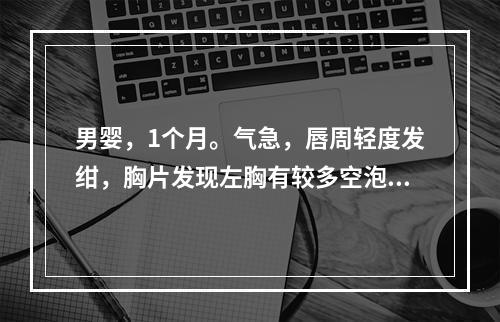 男婴，1个月。气急，唇周轻度发绀，胸片发现左胸有较多空泡状病