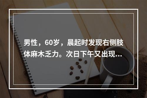 男性，60岁，晨起时发现右侧肢体麻木乏力。次日下午又出现言语