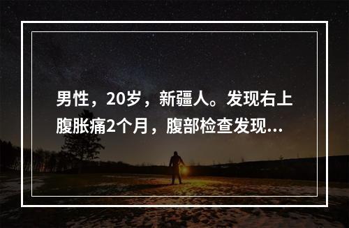 男性，20岁，新疆人。发现右上腹胀痛2个月，腹部检查发现肝肋