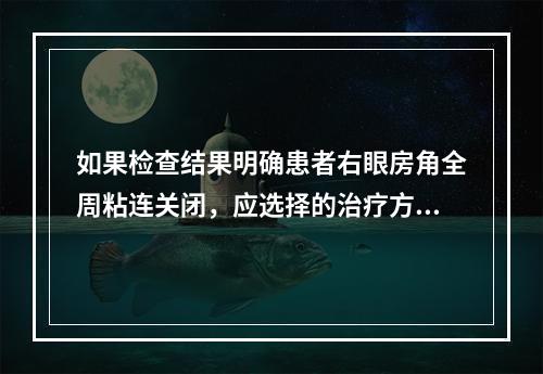 如果检查结果明确患者右眼房角全周粘连关闭，应选择的治疗方法是