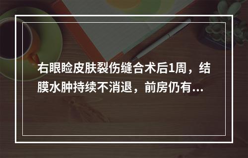 右眼睑皮肤裂伤缝合术后1周，结膜水肿持续不消退，前房仍有鲜红