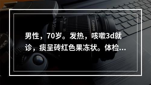 男性，70岁。发热，咳嗽3d就诊，痰呈砖红色果冻状。体检右上