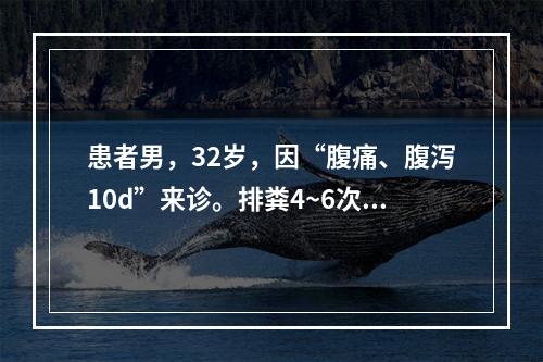 患者男，32岁，因“腹痛、腹泻10d”来诊。排粪4~6次/d