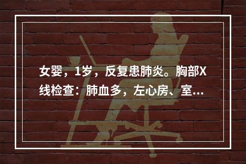 女婴，1岁，反复患肺炎。胸部X线检查：肺血多，左心房、室增大