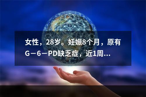 女性，28岁。妊娠8个月，原有G－6－PD缺乏症，近1周畏寒