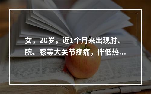 女，20岁，近1个月来出现肘、腕、膝等大关节疼痛，伴低热、脱