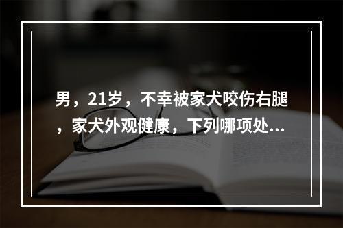 男，21岁，不幸被家犬咬伤右腿，家犬外观健康，下列哪项处理是